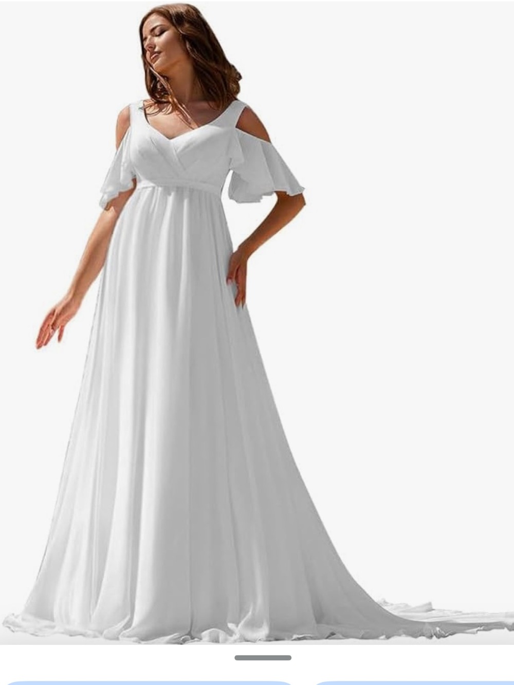 NWT White Cold-Shoulder V-Neck Bridal Flowy Maxi Dress, Size 10